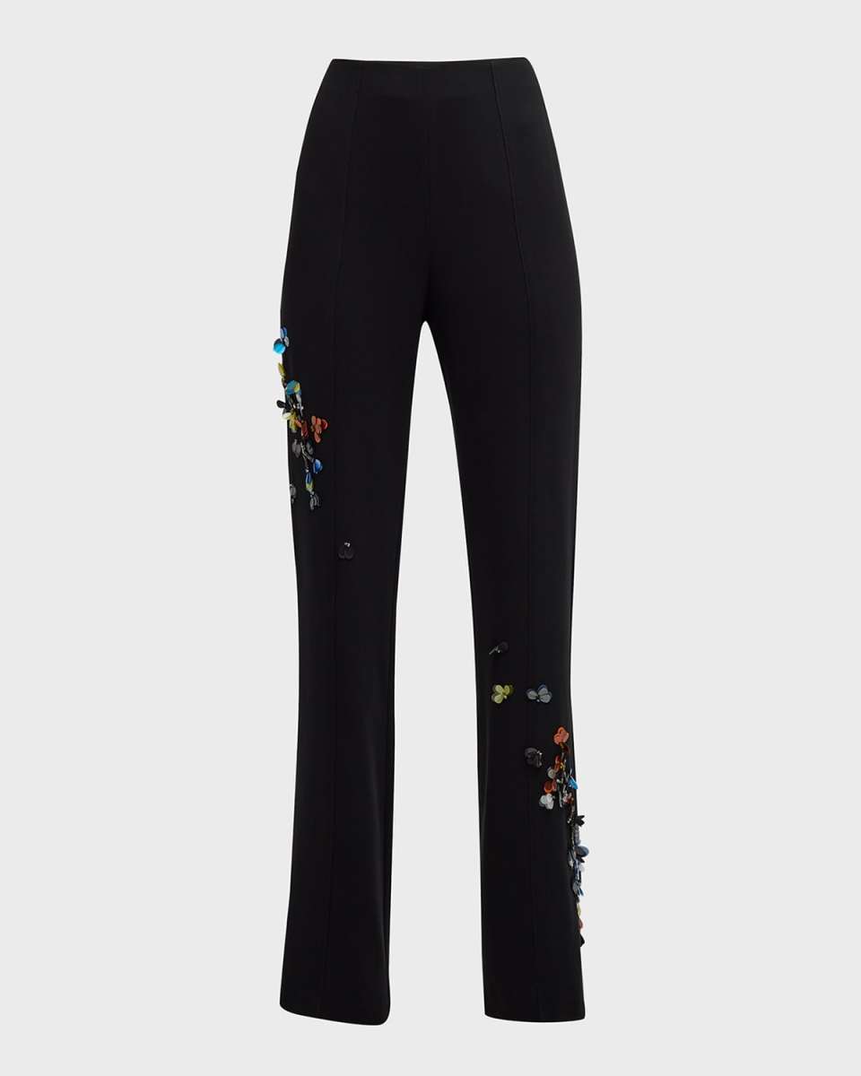 Kingsley Sequin Flower Straight-Leg Pants