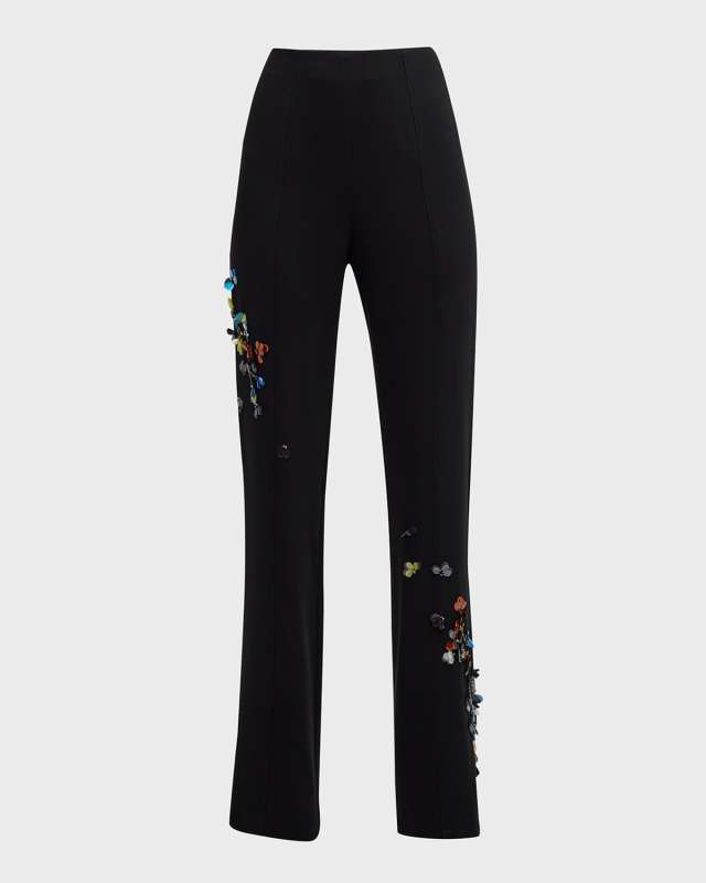 Kingsley Sequin Flower Straight-Leg Pants