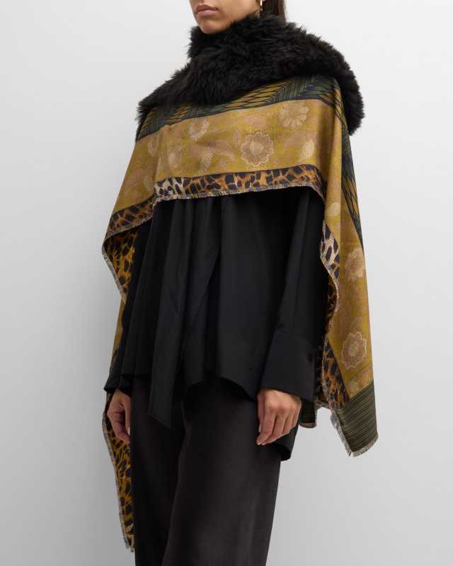 Mixed-Patterned Silk Twill & Shearling Scarf