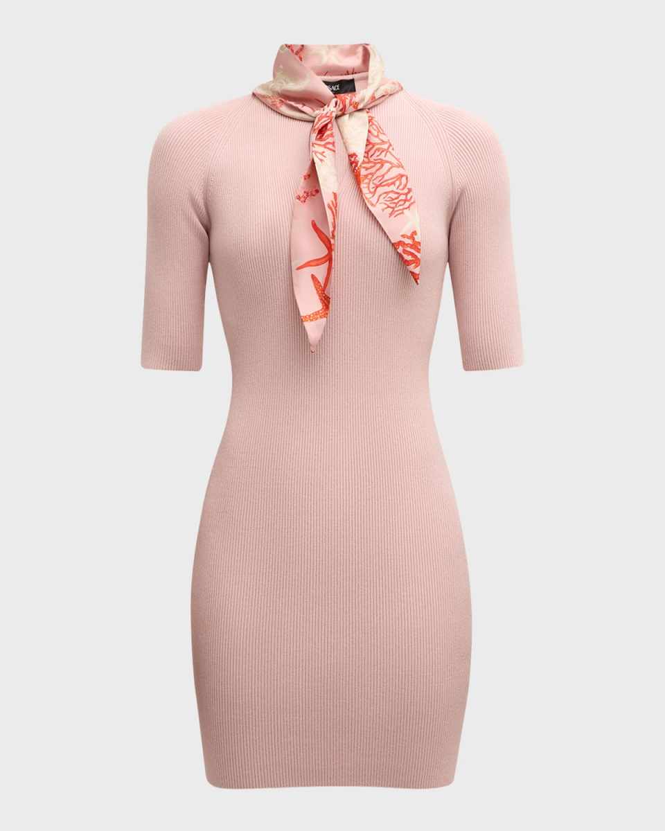 Scarf-Neck Short-Sleeve Knit Mini Dress
