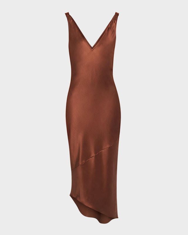 V-Neck Satin Asymmetric Midi Dress
