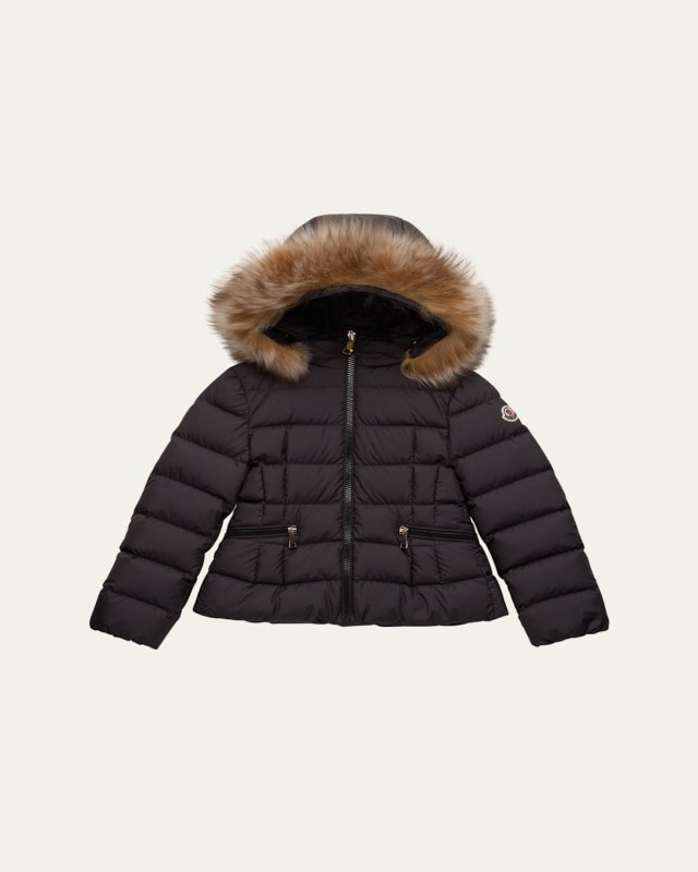 Girl's Bodette Puffer Jacket W/ Dyed Shearling Hood, Size 4-6