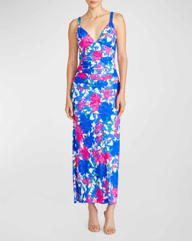 Claudia Pleated Floral-Print Jersey Maxi Dress