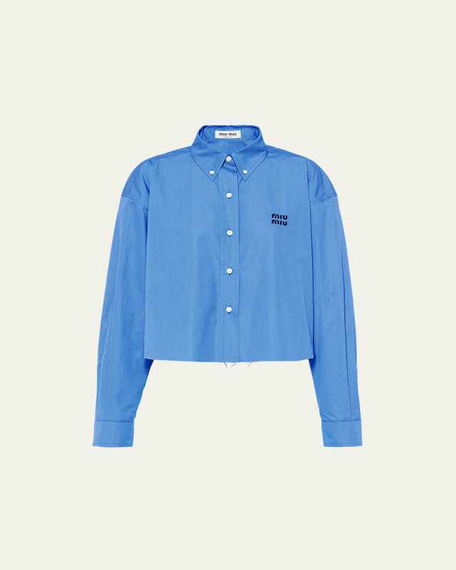 Logo-Print Crop Frayed Button Shirt