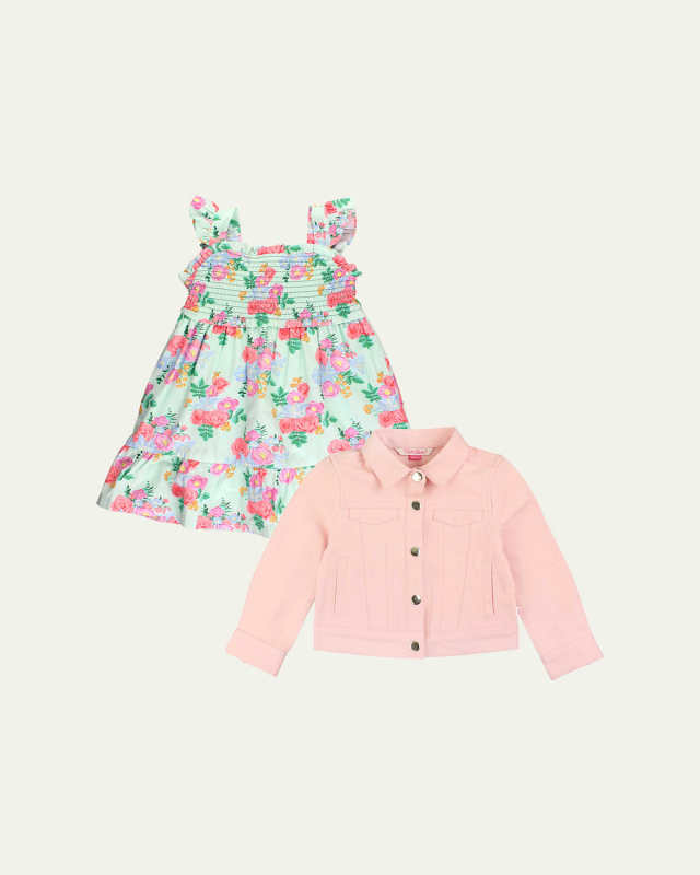 Girl's Floral-Print Dress and Denim Jacket Set, Size 3