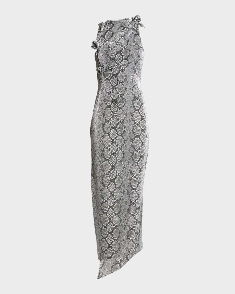 Snake-Print Asymmetric Flower Gown