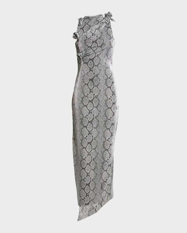 Snake-Print Asymmetric Flower Gown