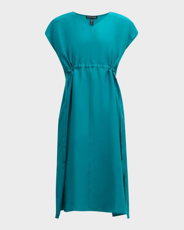Dolman-Sleeve Washed Silk Midi Dress