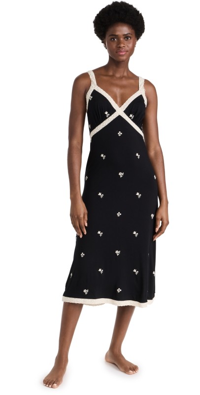 Sea Rubina Embroidery Pajama Slip Dress Black