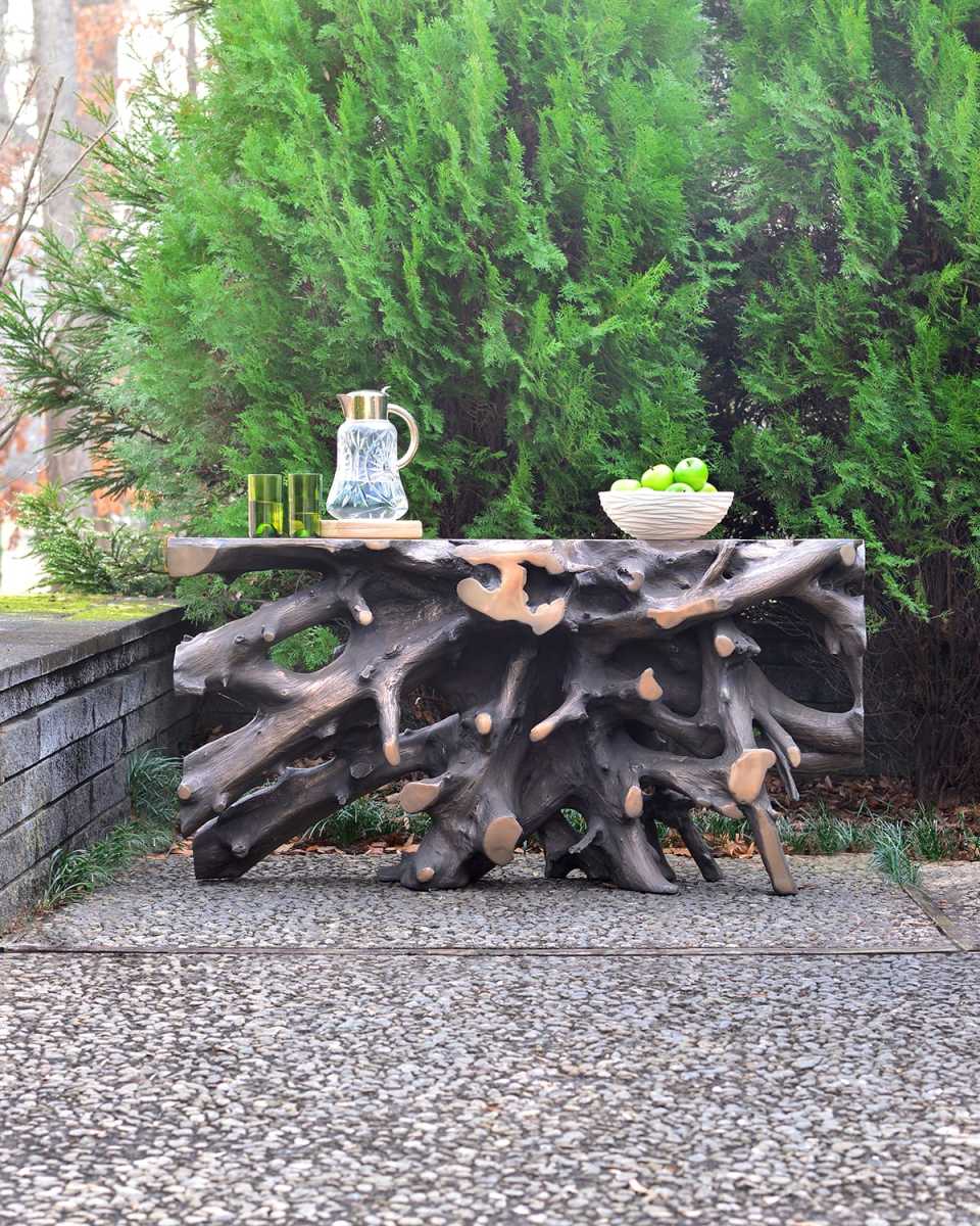 Bronze Cast Root Teak Outdoor Console Table