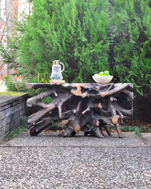 Bronze Cast Root Teak Outdoor Console Table