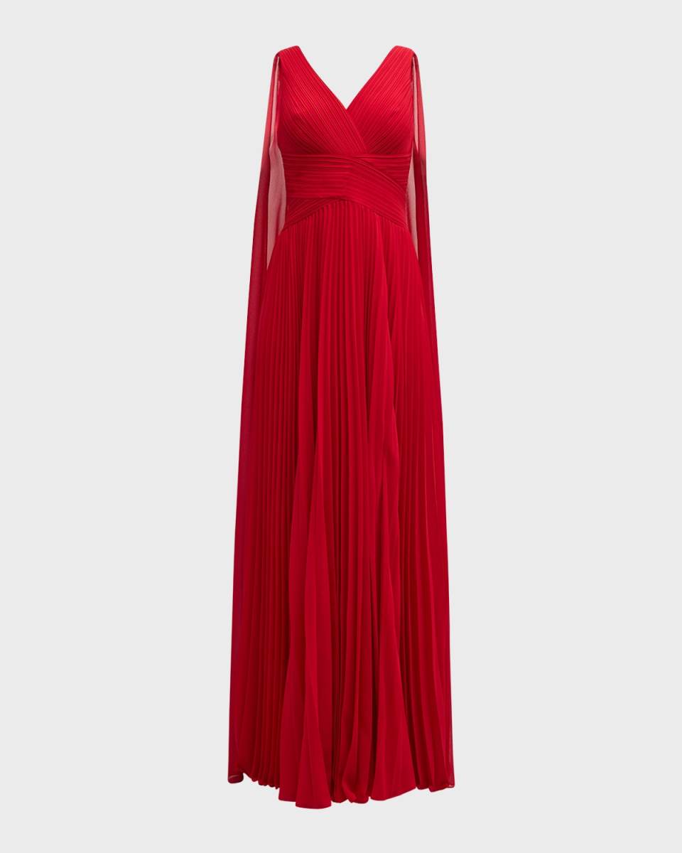 Pleated A-Line Cape Gown