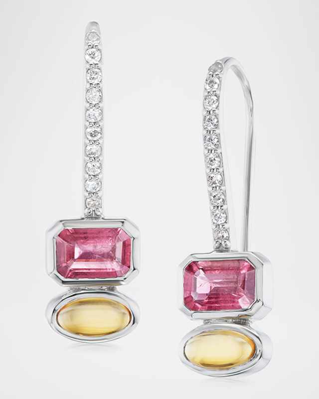 Pave Diamond, Pink Tourmaline, And Citrine Stone Drop Earrings