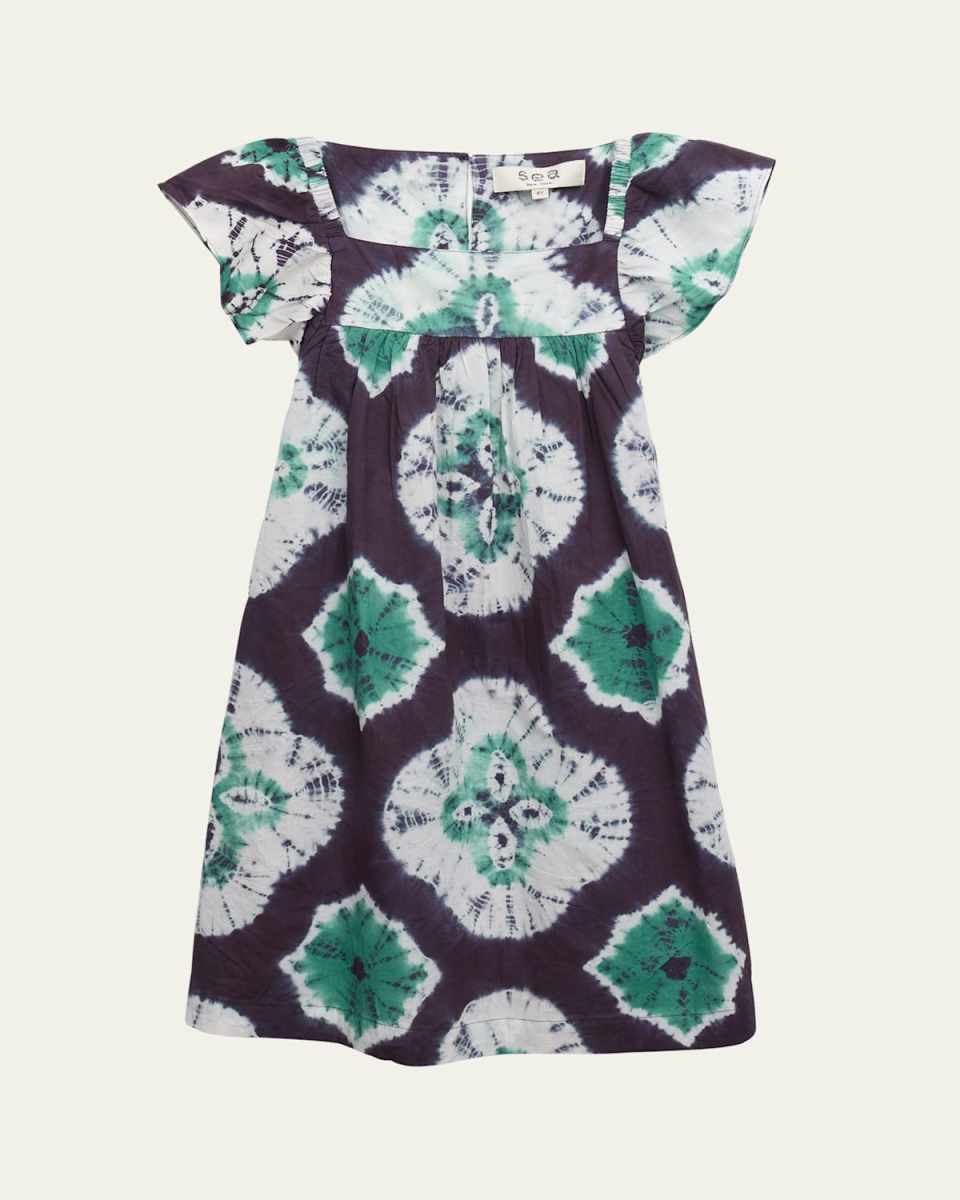 Girl's Aveline Tie-Dye Print Flutter-Sleeve Dress, Size 2-14