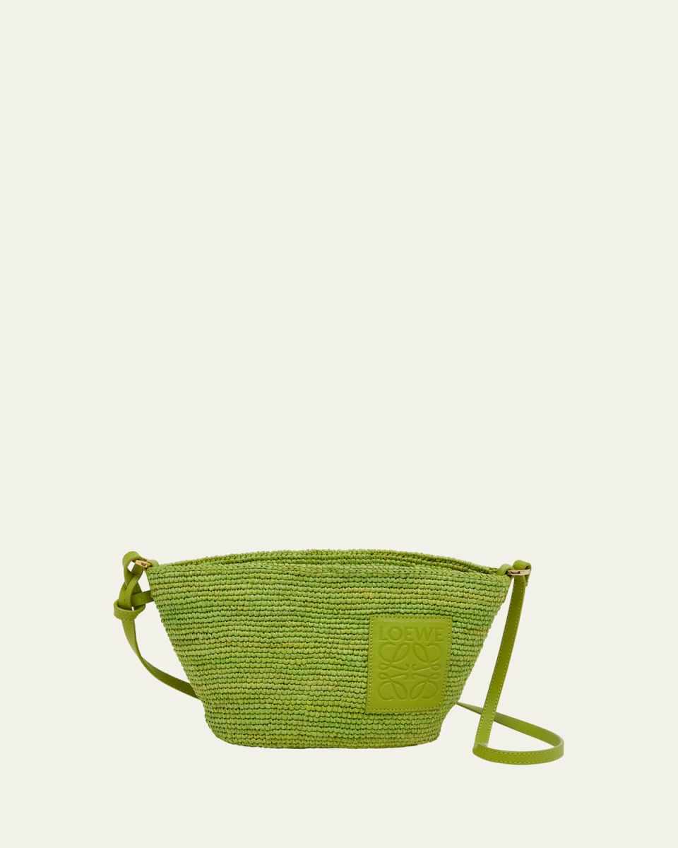 x Paula's Ibiza Slit Pochette Bag in Raffia with Leather Strap