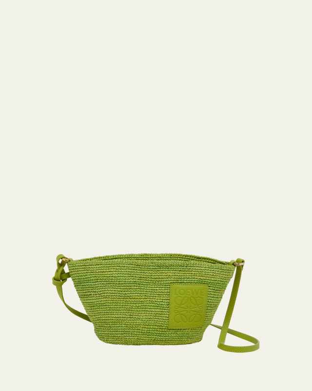x Paula's Ibiza Slit Pochette Bag in Raffia with Leather Strap