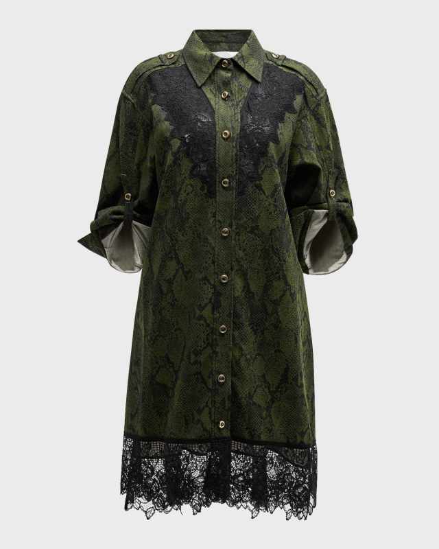 Long-Sleeve Snake-Print Lace Shirtdress