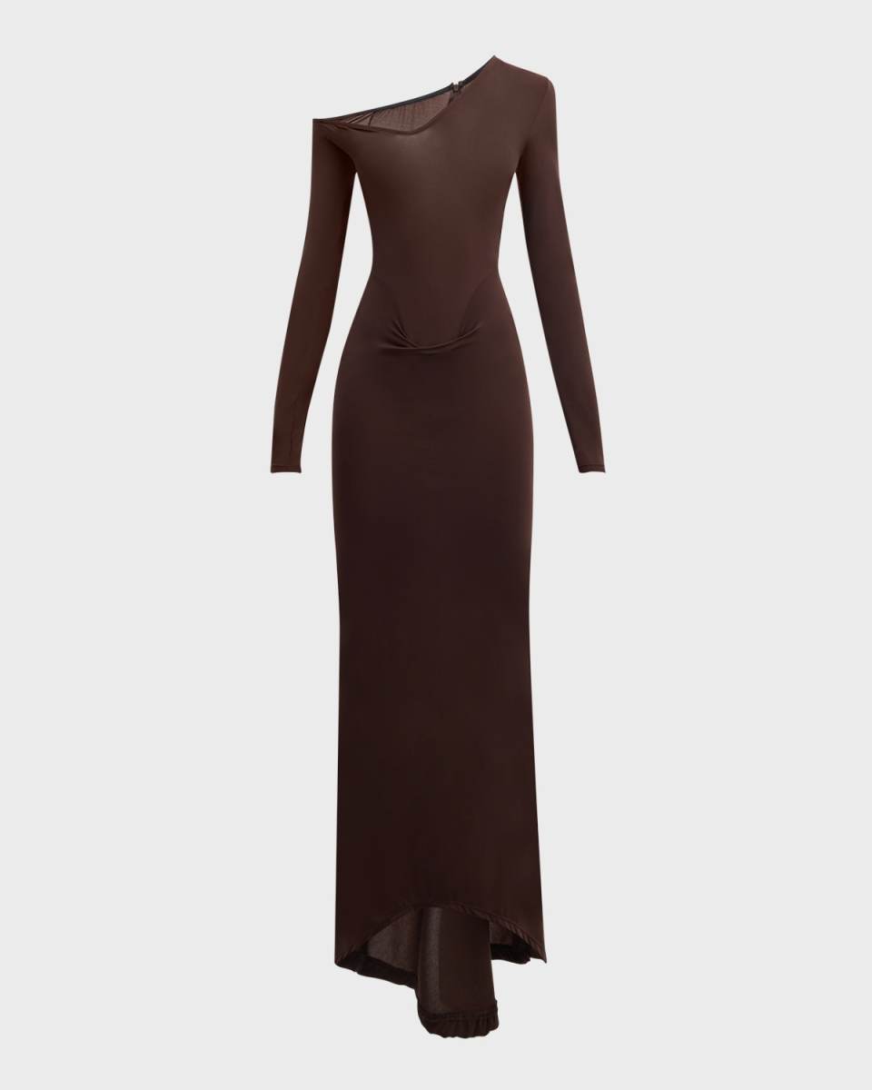 Convertible-Neck Long-Sleeve Drop-Waist Gown