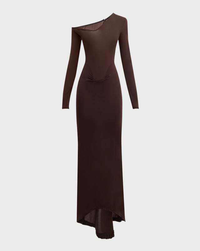 Convertible-Neck Long-Sleeve Drop-Waist Gown