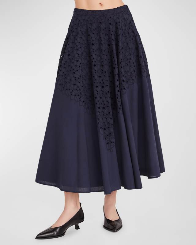 Merrick Floral-Embroidered Cotton Midi Skirt