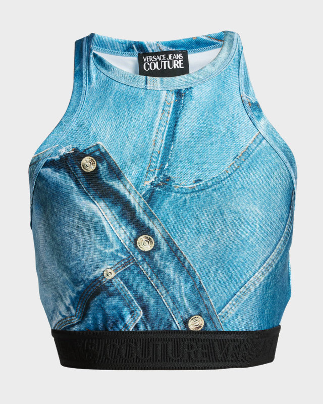 Denim-Print Logo Band Crop Top