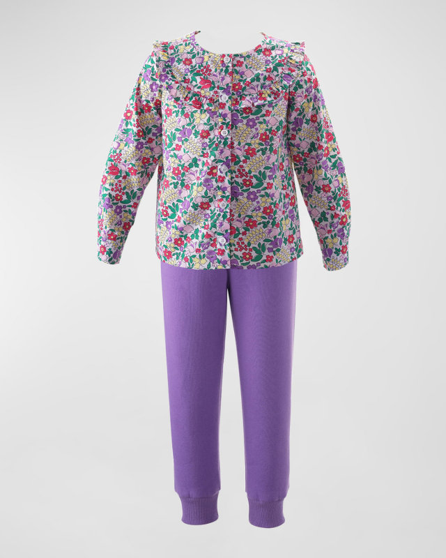 Girl's Multicolor Floral-Print Top W/ Joggers, Size 2-10