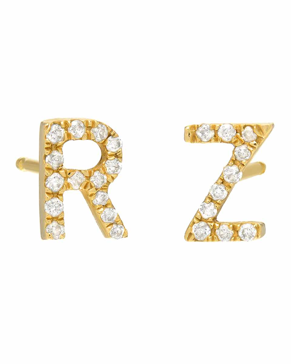 14k Yellow Gold Personalized Diamond Initial Stud Earrings