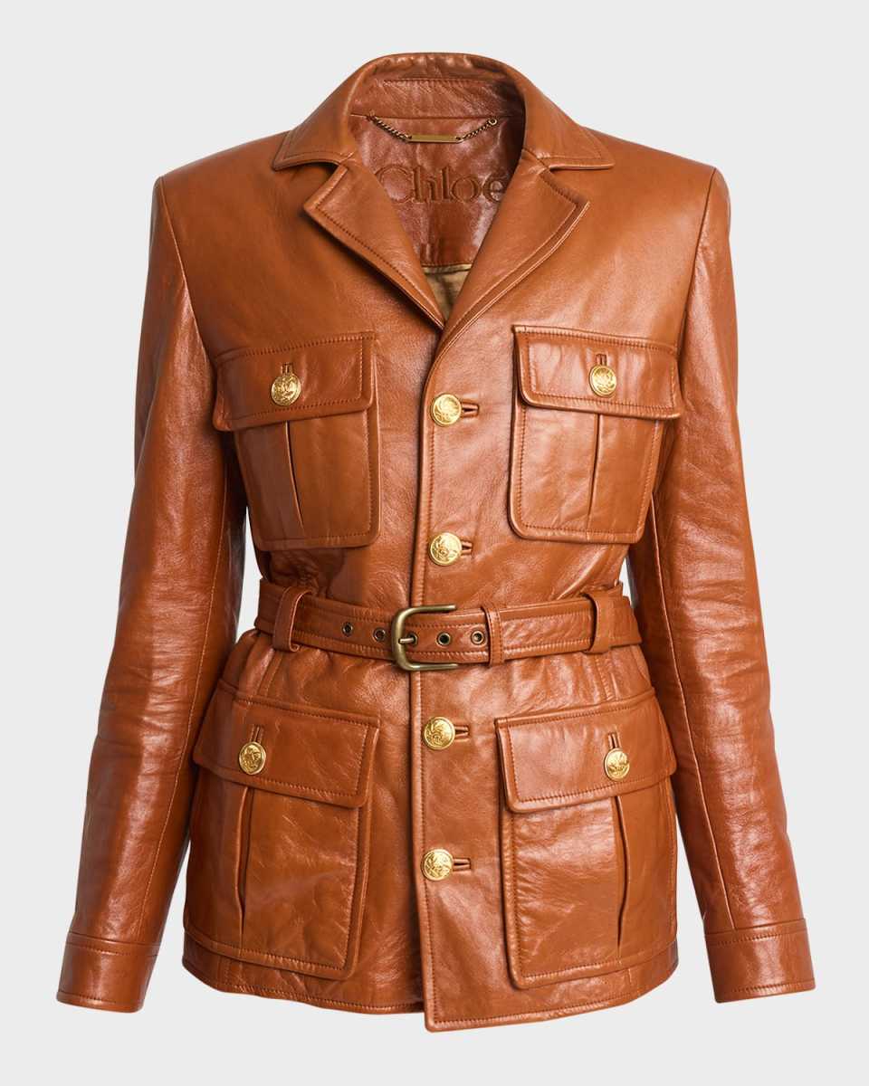 Glossy Leather Belted Military Jacket