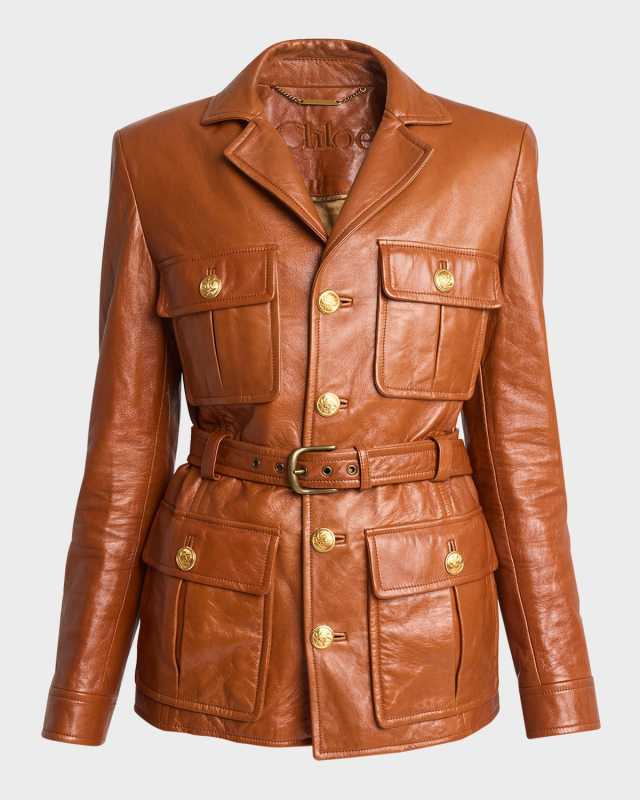 Glossy Leather Belted Military Jacket