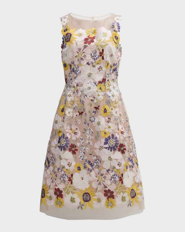 Sleeveless Floral-Embroidered Tulle Midi Dress