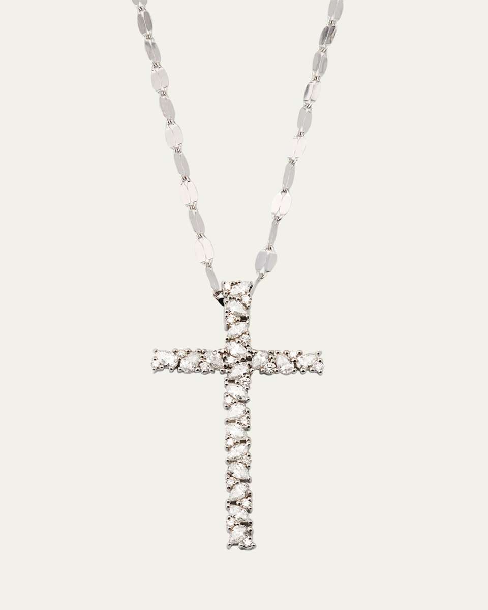 14K White Gold Multi Fancies Diamond Cross Pendant Necklace
