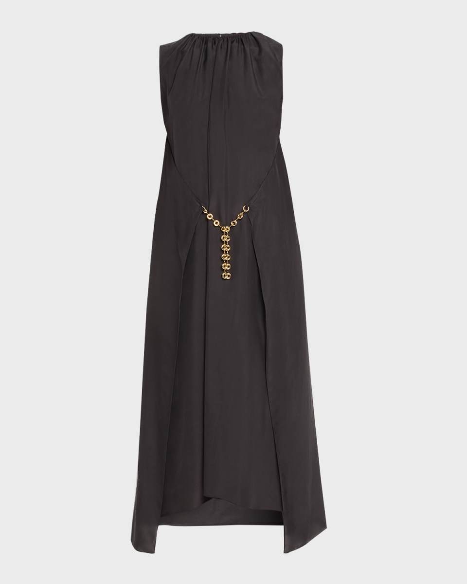 Silk Midi Dress with Chain Belt