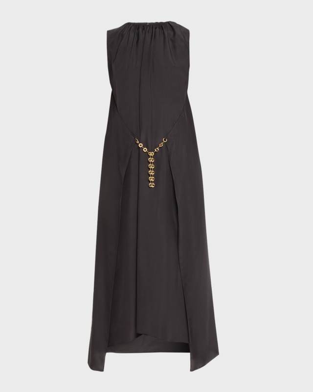 Silk Midi Dress with Chain Belt