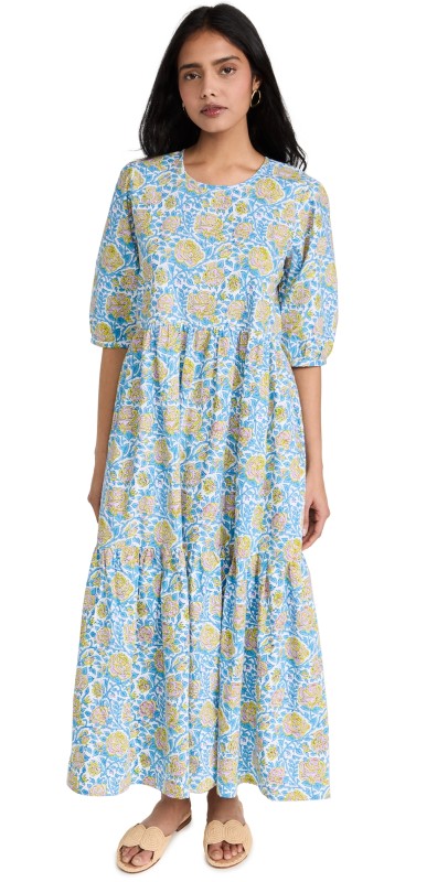 SZ Blockprints Gaia Dress Cornflower Blue & Pop Green