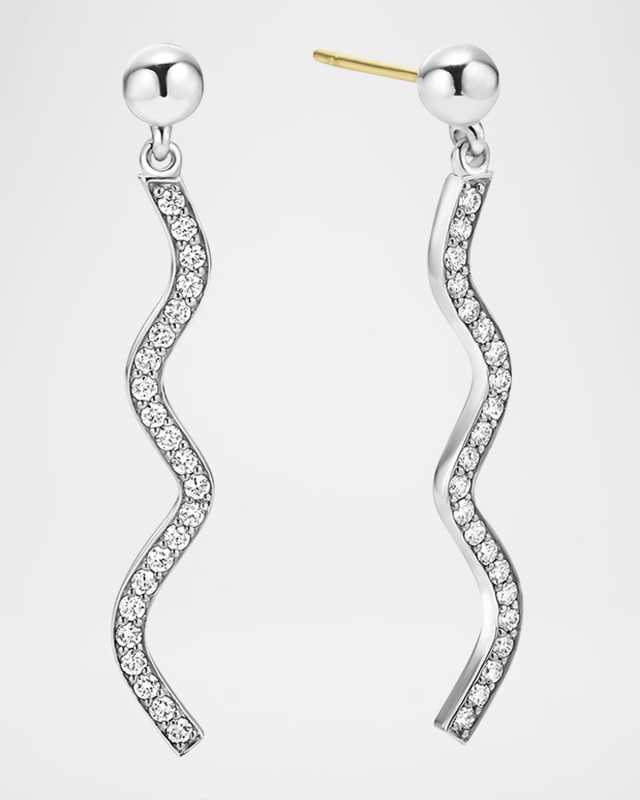 Sterling Silver Caviar Spark Diamond Wave Drop Earrings, 41mm x 5mm