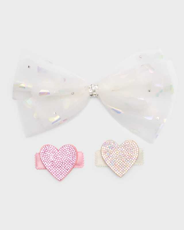 Girl's 3-Piece Multi-Layer Embellished Bow and Heart Clips Set