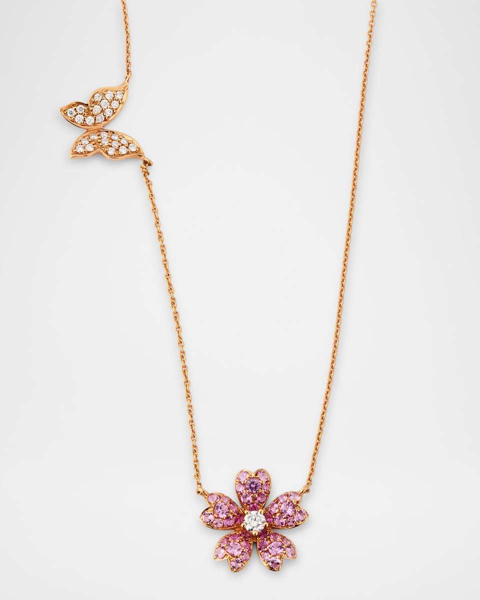 Rainbow 18K Rose Gold Pink Sapphire Flower & Butterfly Diamond Necklace