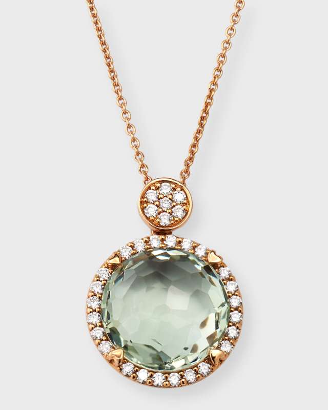 Rocks 18K Rose Gold Petite Green Prasiolite Diamond Halo and Disc Bail Pendant Necklace