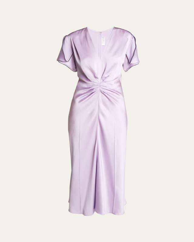 Gathered Waist Tulip-Sleeve Midi Dress