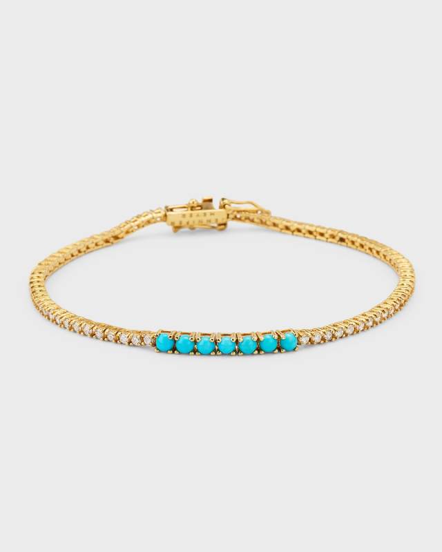 18K Yellow Gold Small Turquoise and Diamond Tennis Bracelet