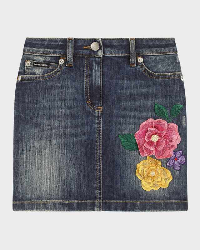 Girl's Denim Skirt W/ Floral Patch, Size 8-