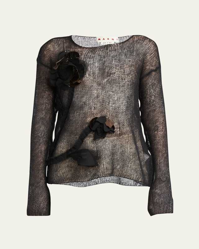 Flower-Patch Mohair Open-Knit Crewneck Sweater