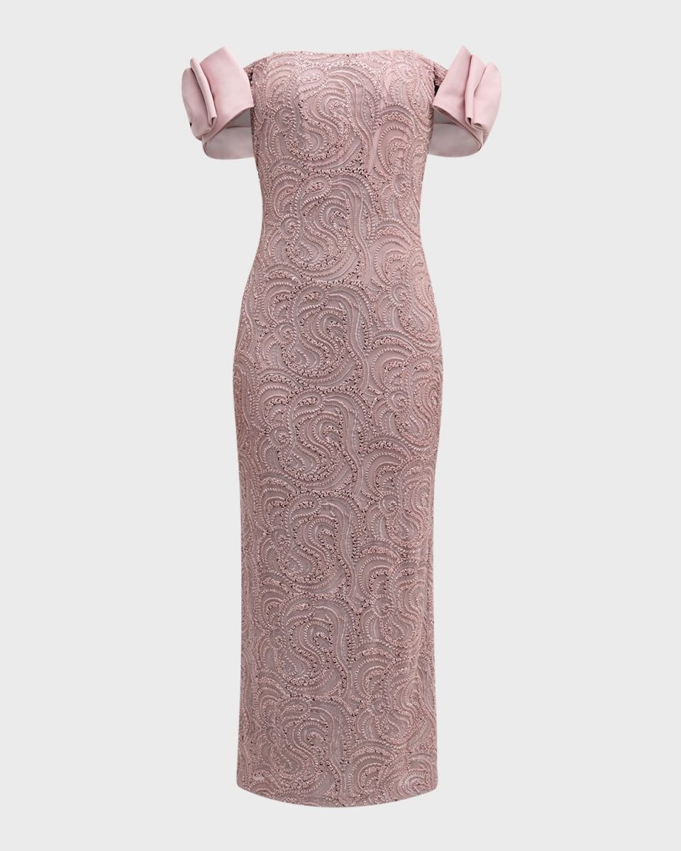 Beaded Off-Shoulder Column Midi Dress