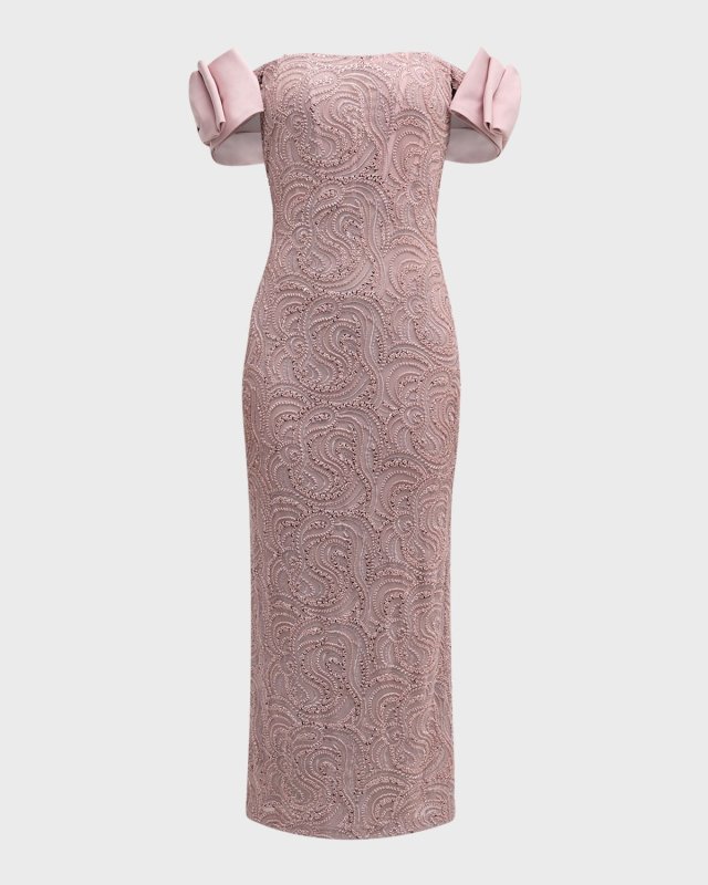 Beaded Off-Shoulder Column Midi Dress
