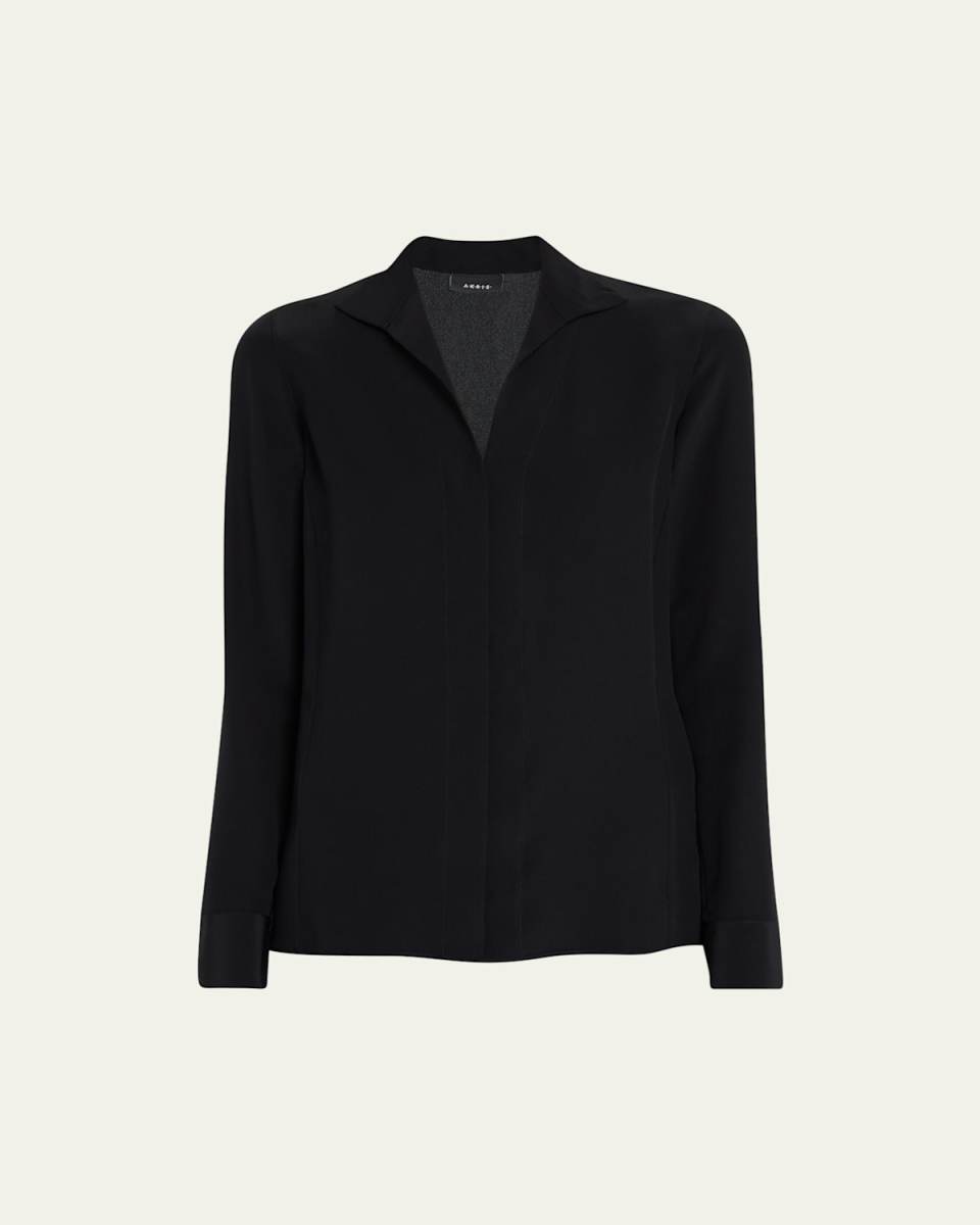 Split-Neck Silk Button-Front Blouse