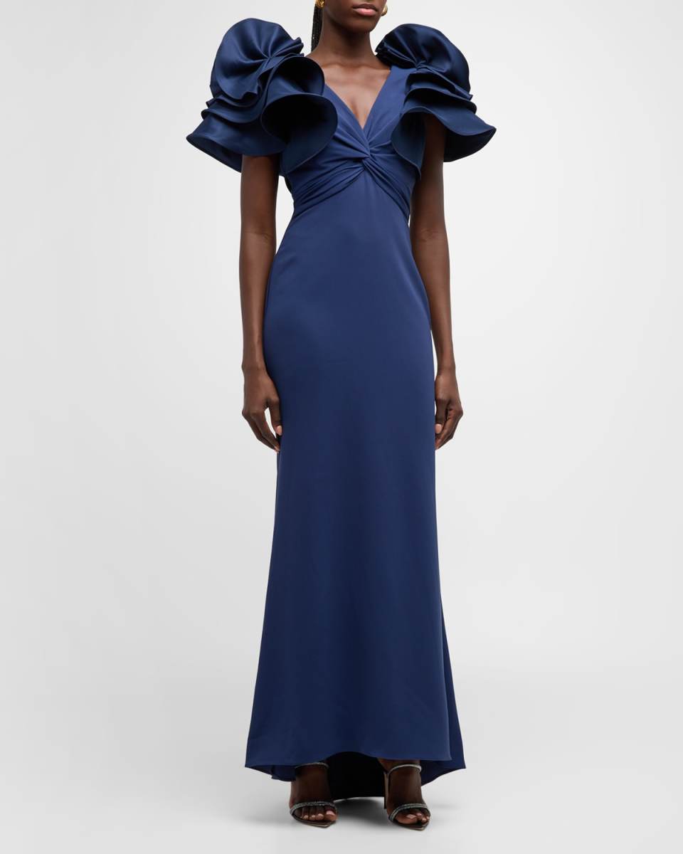 Twist-Front Ruffle Column Gown