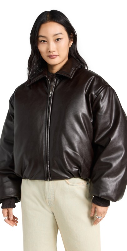 Acne Studios Faux Leather Bomber Jacket Dark Brown
