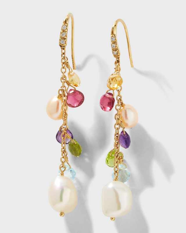 18K Paradise Yellow Gold Diamond Hook Earrings With Mixed Gemstones