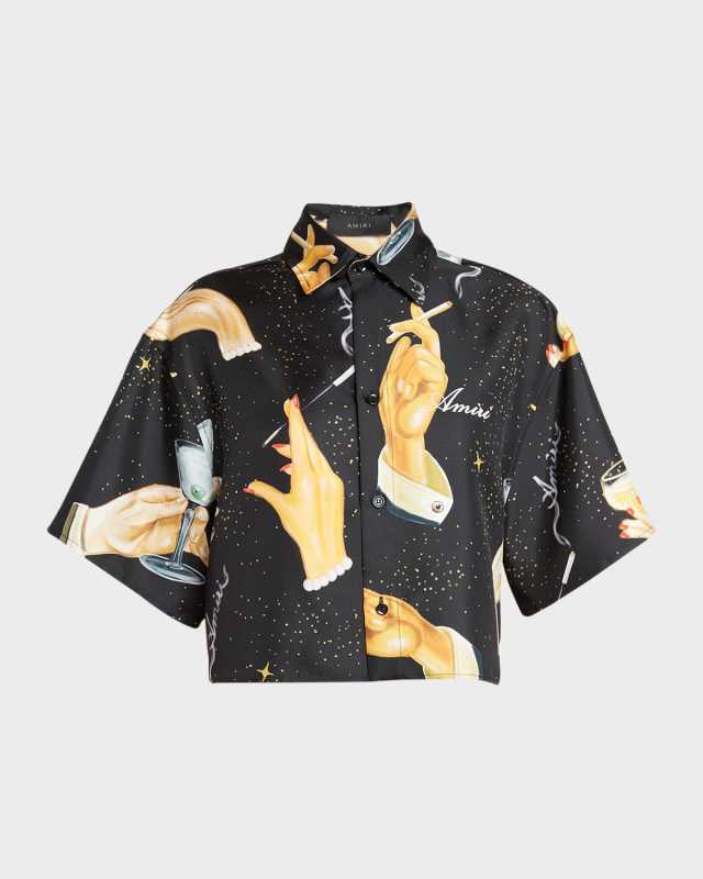 Champagne-Print Collared Crop Silk Shirt