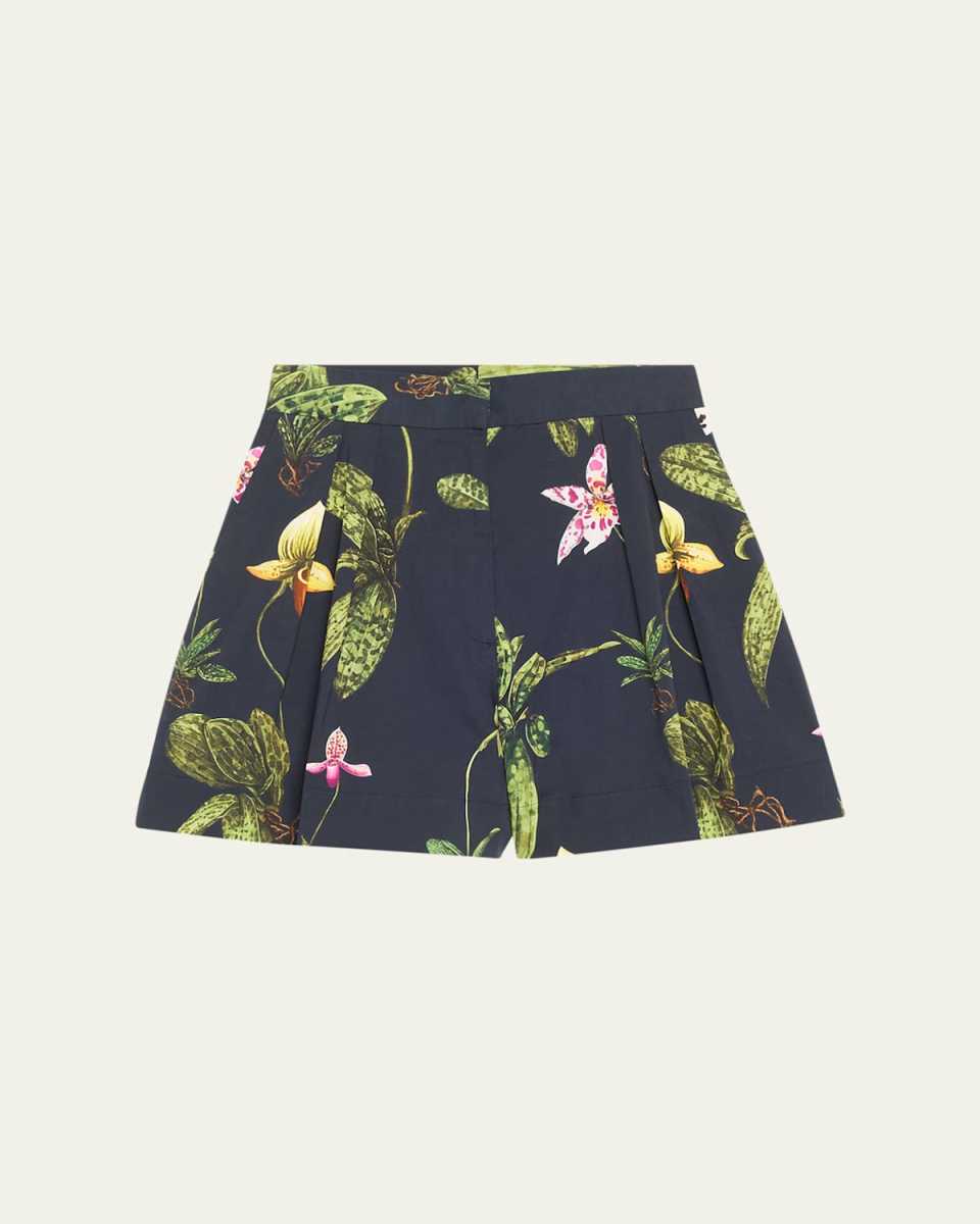 Orchids Poplin Wide-Leg Pleated Shorts